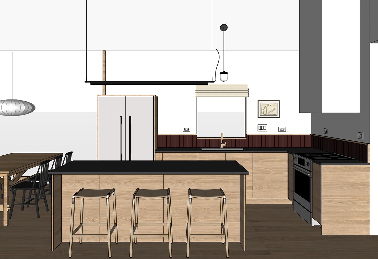A SketchUp drawing of a modern kitchen with oak slab doors and no upper cabinets.